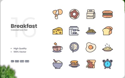 16 Frukost färg Ikonuppsättning