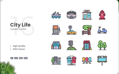 Ensemble de 16 couleurs d&amp;#39;icônes de la vie urbaine