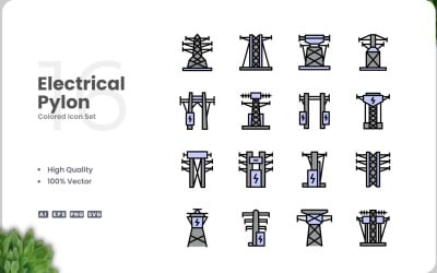 Conjunto de 16 colores de iconos de torres eléctricas