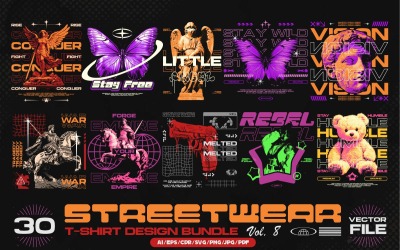 Paquete de diseños de camisetas vectoriales de ropa urbana, vol. 8
