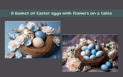 Basket of Easter eggs with flowers on a table