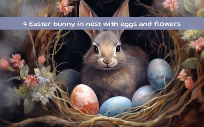 Easter bunny in nest with easter eggs and spring flowers