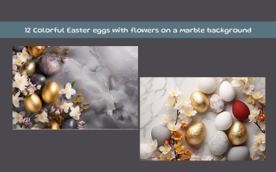 Uova di Pasqua colorate con fiori su sfondo di marmo