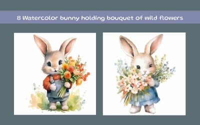 Watercolor bunny holding bouquet of wild flowers