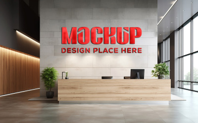 3d Red logo mockup on office counter gray wall psd free download logo mockup
