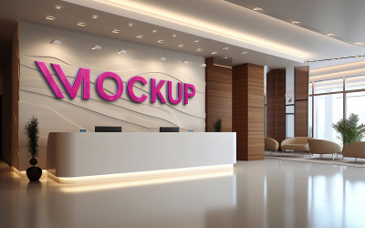 Office counter logo mockup on brown wall