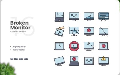 Conjunto de 16 colores de iconos de monitores rotos
