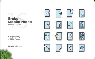Conjunto de 16 cores de ícones de celular quebrados