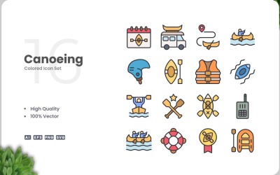 Ensemble de 16 couleurs d&amp;#39;icônes de canoë