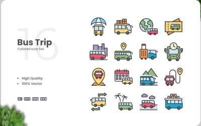 16 Bus Trip Icon Color Set