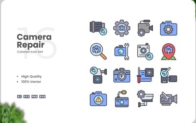 16 Camera Repair Icon Color Set