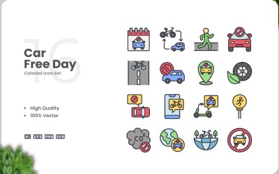 16 Car Free Day Icon Color Set