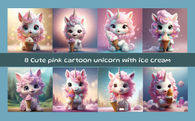 Cute pink cartoon unicorn with ice cream