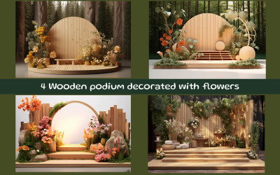 Träpodium dekorerad med blommor