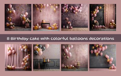 Verjaardagstaart met kleurrijke ballonnenversieringen