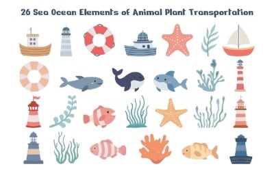 26 Meer Ozean Elemente der Tier Pflanze Transport