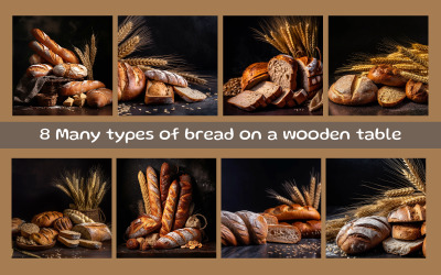 Many types of bread on a wooden table