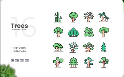 Colección de iconos de colores de 16 árboles