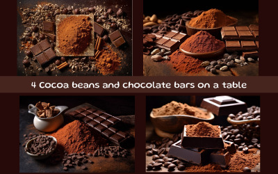 Cocoa beans and chocolate bars on a table
