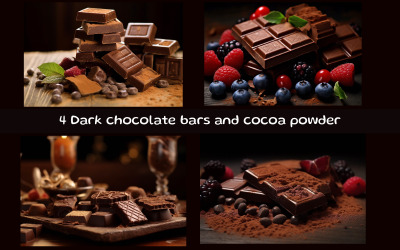 Dark chocolate bars and cocoa powder on wooden background