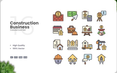 Conjunto de 16 iconos de colores del sector de la construcción
