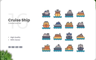 Conjunto de 16 cores de ícones de navios de cruzeiro
