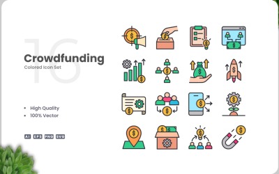 16 Crowdfunding-ikonfärguppsättning