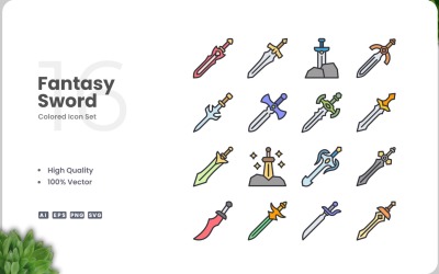 16 Fantasy Sword Icon Color Set