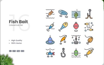 16 Fish Bait Icon Color Set