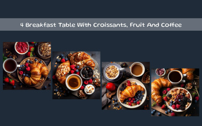 Tavolo per la colazione con croissant, frutta e caffè