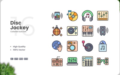 Conjunto de 16 cores de ícones de disc jockey