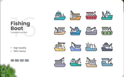 Conjunto de 16 iconos de colores de barcos pesqueros