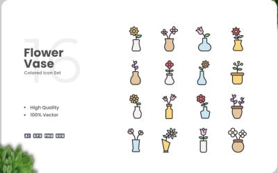 16 Flower Vas Icon Color Set