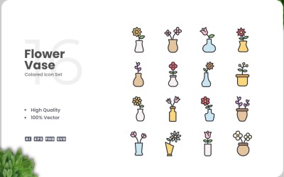 16 Flower Vase Icon Color Set