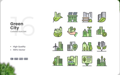Zestaw 16 ikon zielonych miast