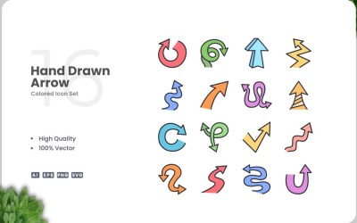 Conjunto de 16 cores de ícones de seta desenhados à mão