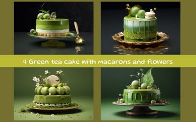 Grüner Teekuchen mit Macarons und Blumen auf grünem Hintergrund