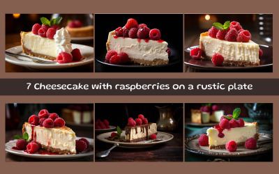 Cheesecake with raspberries on a rustic plate