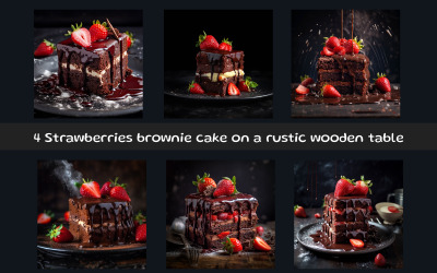 Strawberries brownie cake on a rustic wooden table