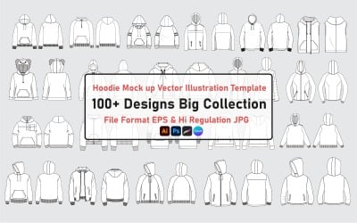 Pacchetto di oltre 100 modelli di mockup di illustrazioni vettoriali di schizzi piatti di moda e disegni tecnici per felpe con cappuccio.