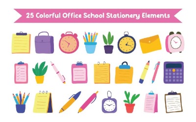 25 elementos coloridos de papelaria escolar para escritório