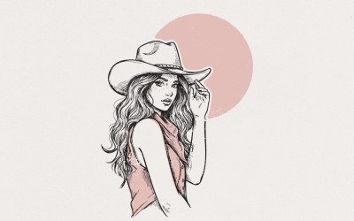 Cowgirl Portrait in Hat PNG, Feminine Western Fashion Art, Country Girl Style for T-Shirts, Rodeo