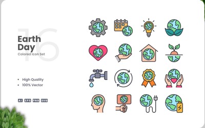 Conjunto de 16 iconos de colores del Día de la Tierra