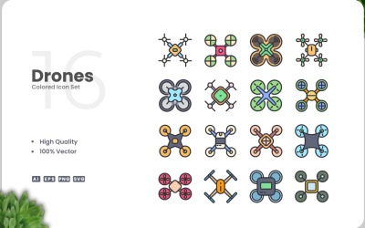 16 Drones Colored Icons Set