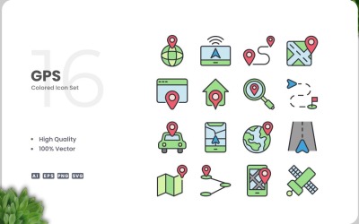 Colección de 16 iconos de colores de GPS