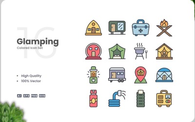 Ensemble de 16 icônes colorées de glamping