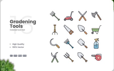 16 Bahçe Aletleri Renkli Simge Seti