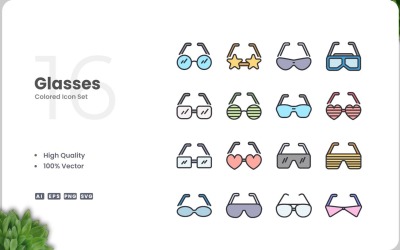 16 Glasses Colored Icons Set