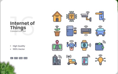 16 farbige Symbole für das Internet der Dinge