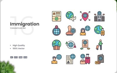 16 farbige Symbole für die Einwanderung